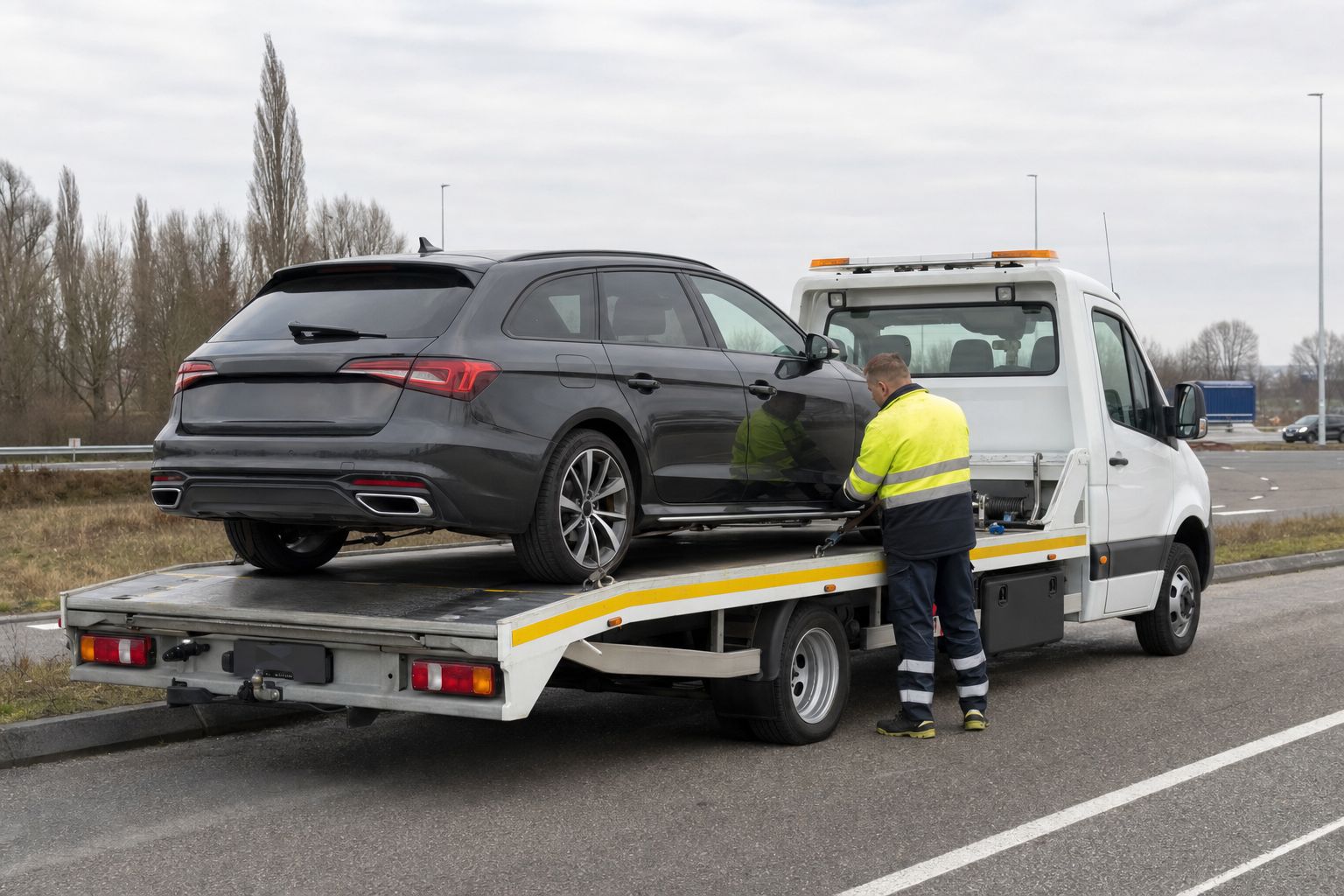 Bergingswagen met auto op de aanhanger