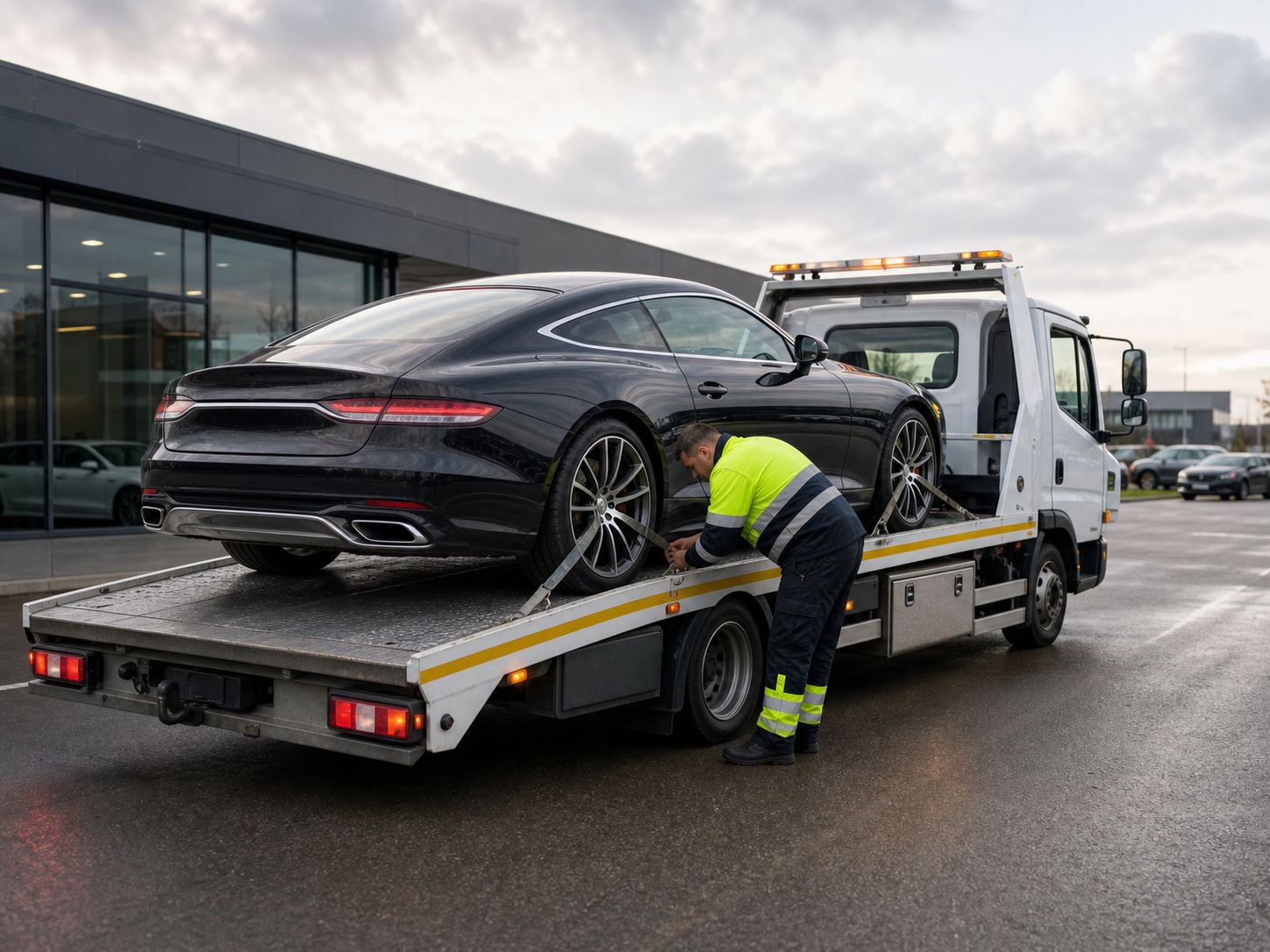Luxe auto zorgvuldig vastgezet op een bergingswagen