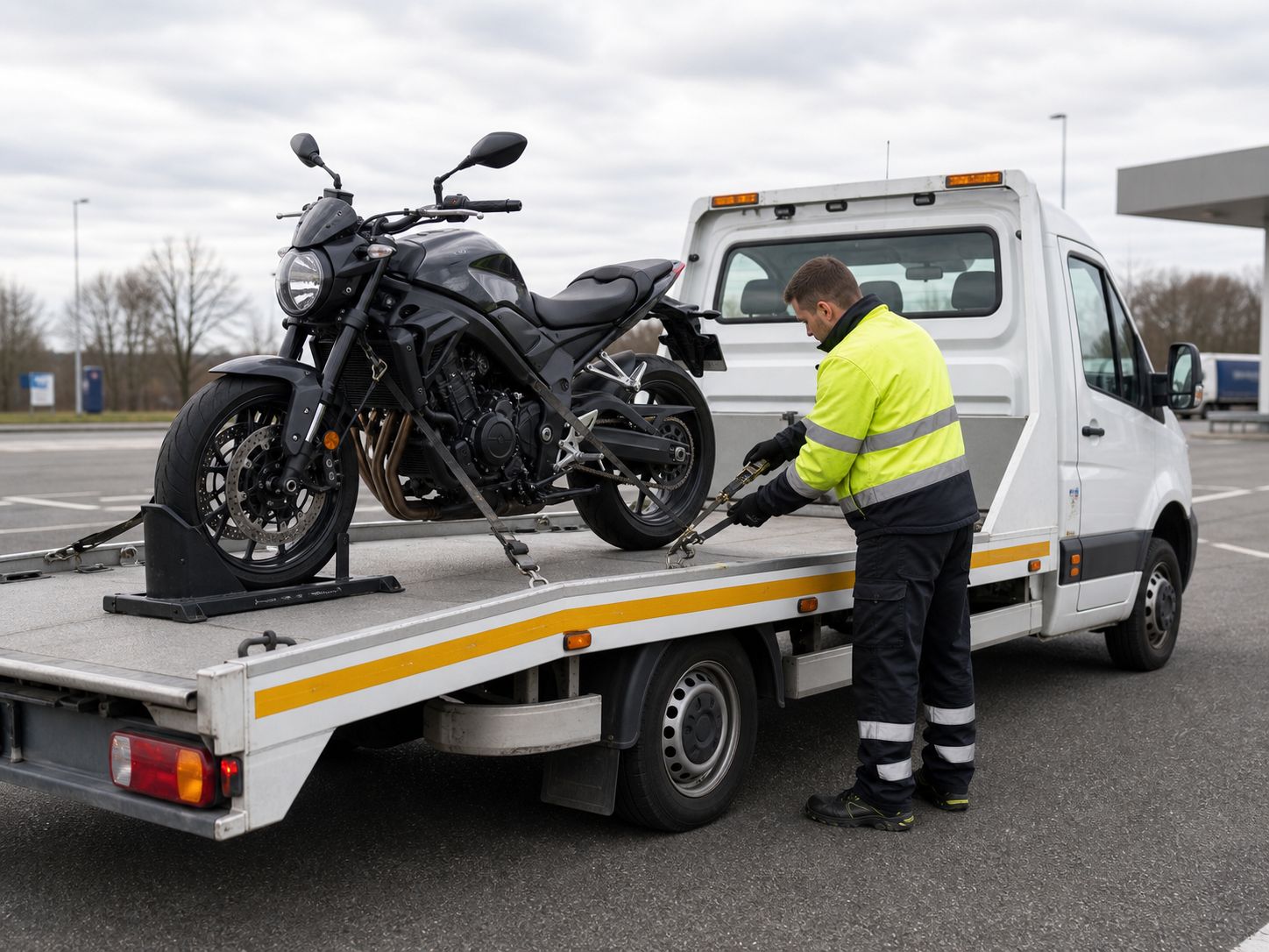 Motor stevig vastgezet op een bergingswagen