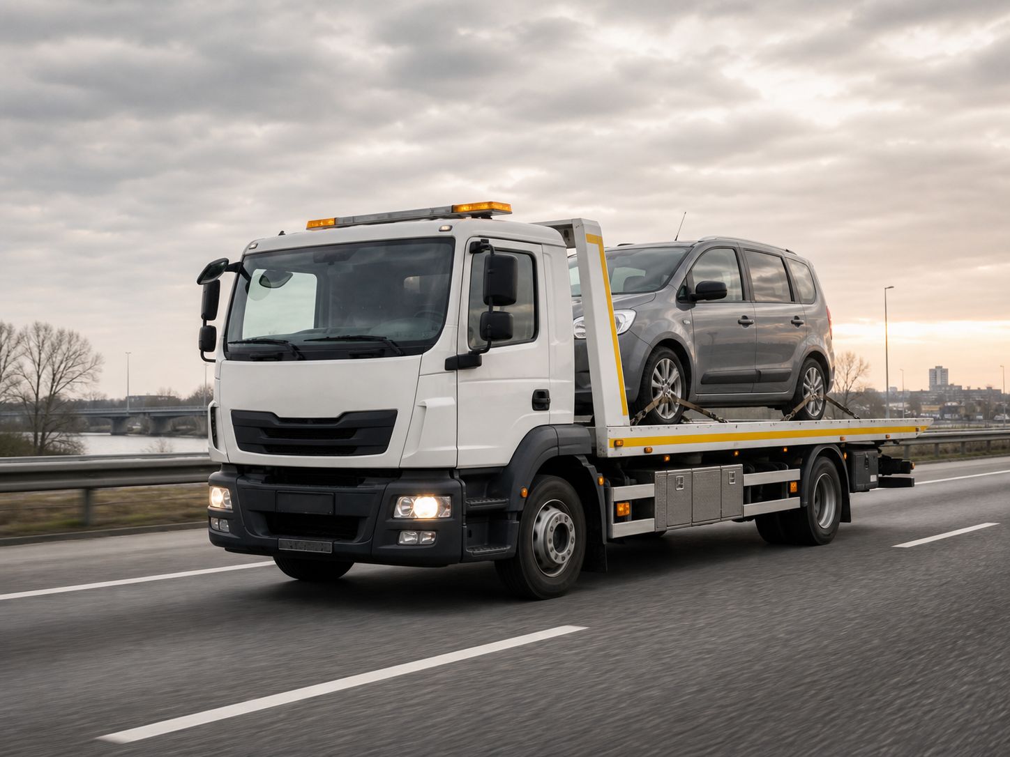 Voertuigtransport met bergingswagen op de snelweg
